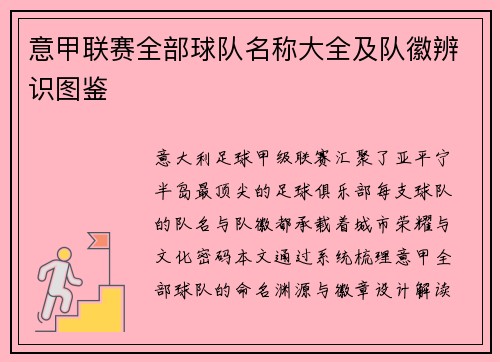 意甲联赛全部球队名称大全及队徽辨识图鉴