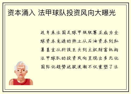 资本涌入 法甲球队投资风向大曝光