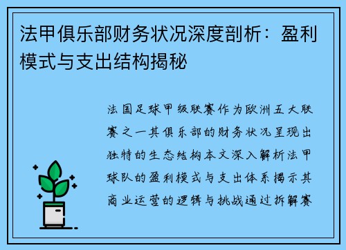 法甲俱乐部财务状况深度剖析：盈利模式与支出结构揭秘